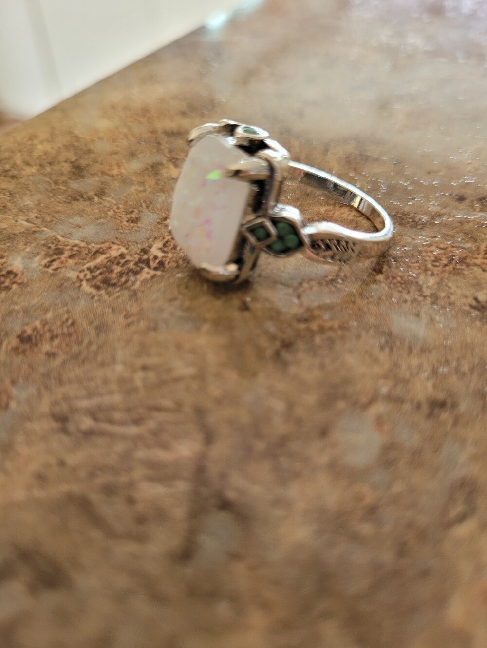 Silver Tone White Opal Ring with Blue/Green Accents - Size 9